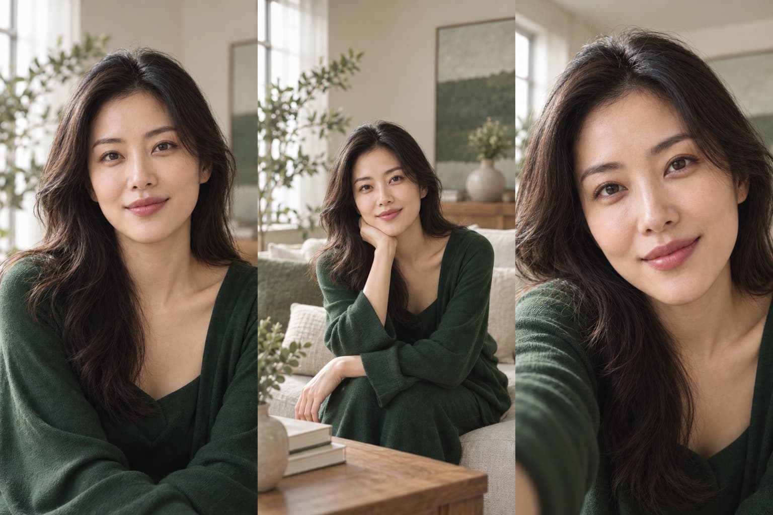 Same synthetic adult woman photographed at natural, farther, and close wide-angle distances