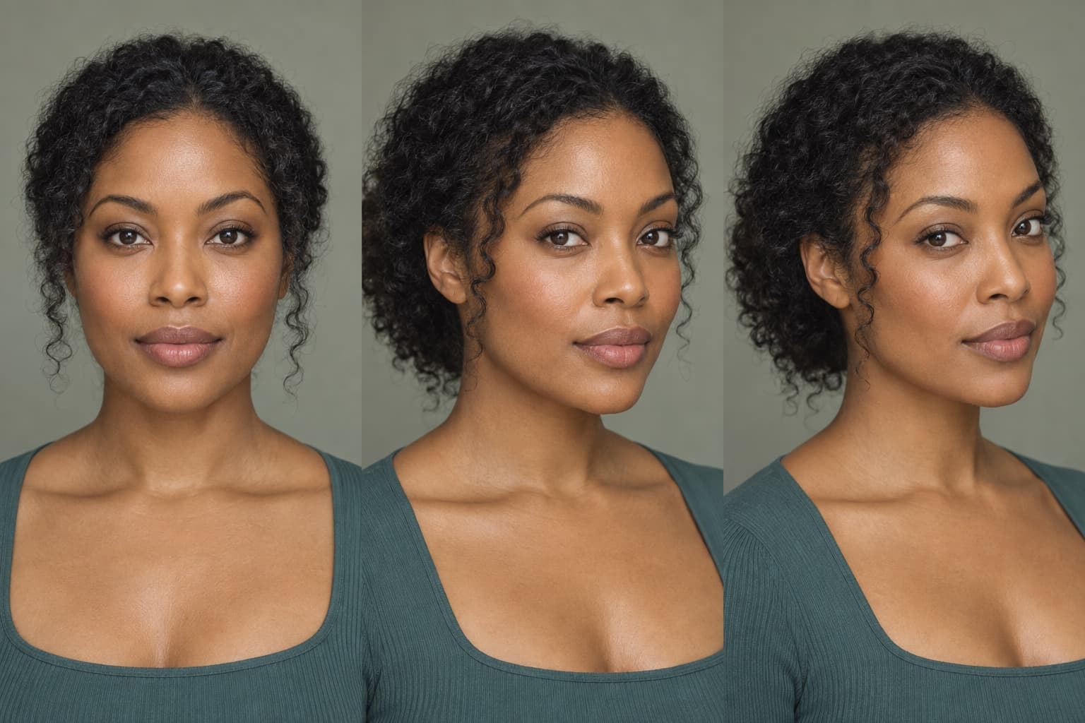 Same synthetic adult woman shown from the front, left 45-degree, and right 45-degree controlled views
