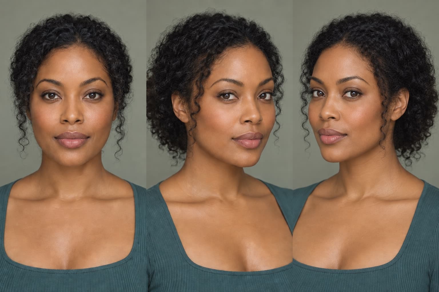 Same synthetic portrait subject shown from the front, left 45-degree, and right 45-degree controlled views under matched light